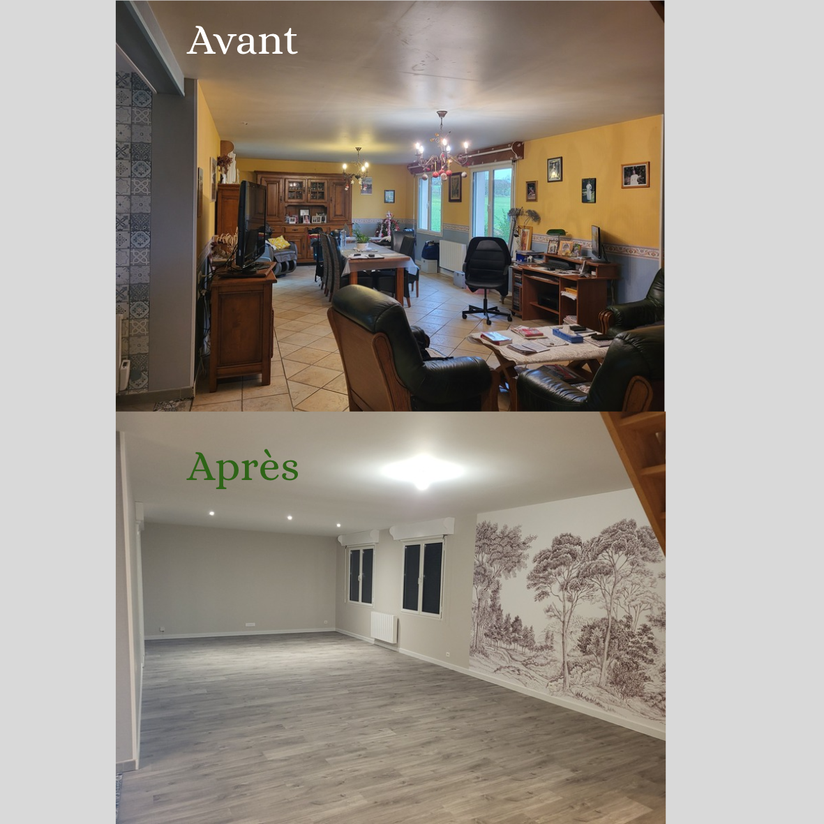Gros changement pour ce séjour, avec tons clairs et pose d'un papier peint panoramique