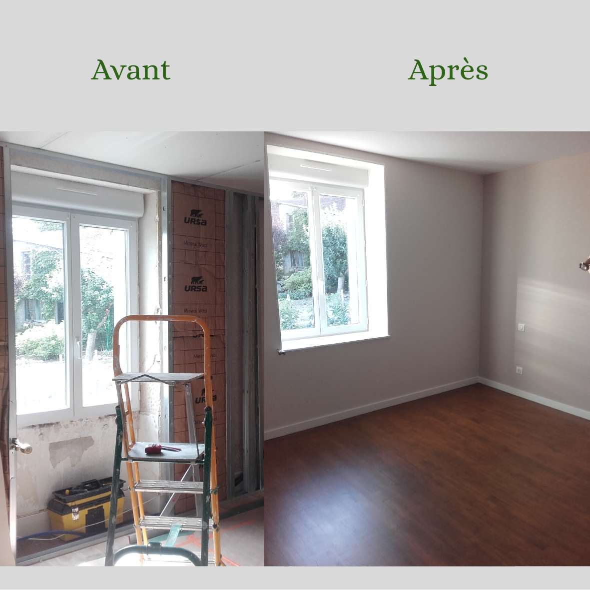 Renovation complete de chambre avec pose d une isolation puis placo et peinture ainsi que d un sol a cliper