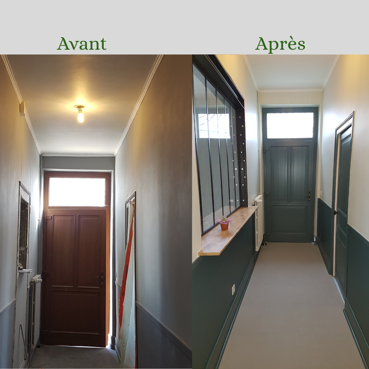 Rénovation d'une entrée avec peinture plafond, porte, et bas de murs bleus