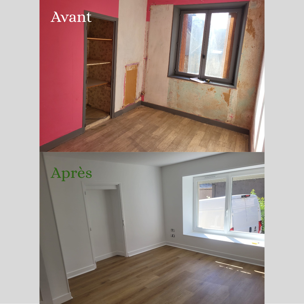 Rénovation d'une chambre avec pose toile verre peinte en blanc et pose d'un sol à clipser