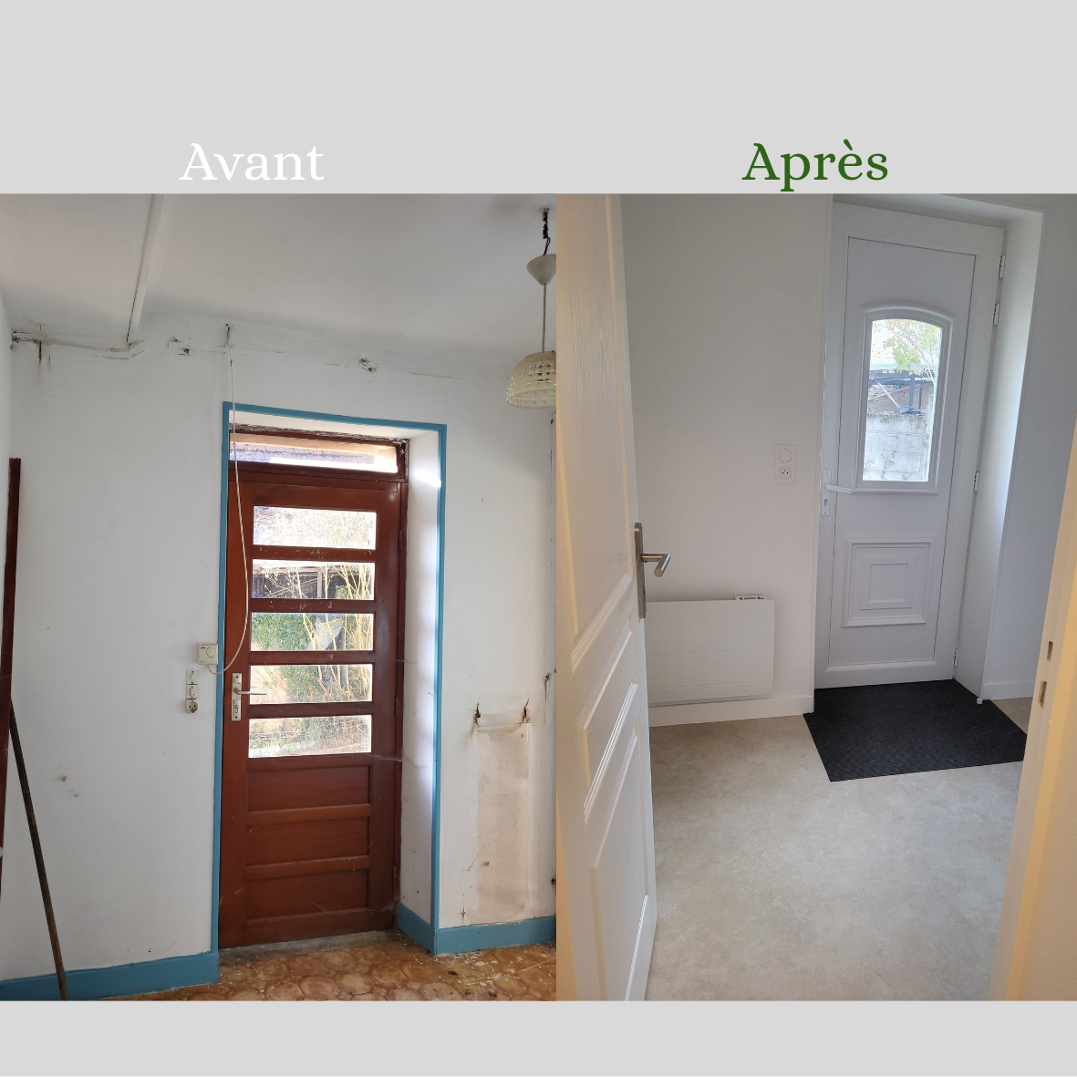 Renovation d une entree en toile de verre peinte en blanche pose sol souple avec tapis encastre